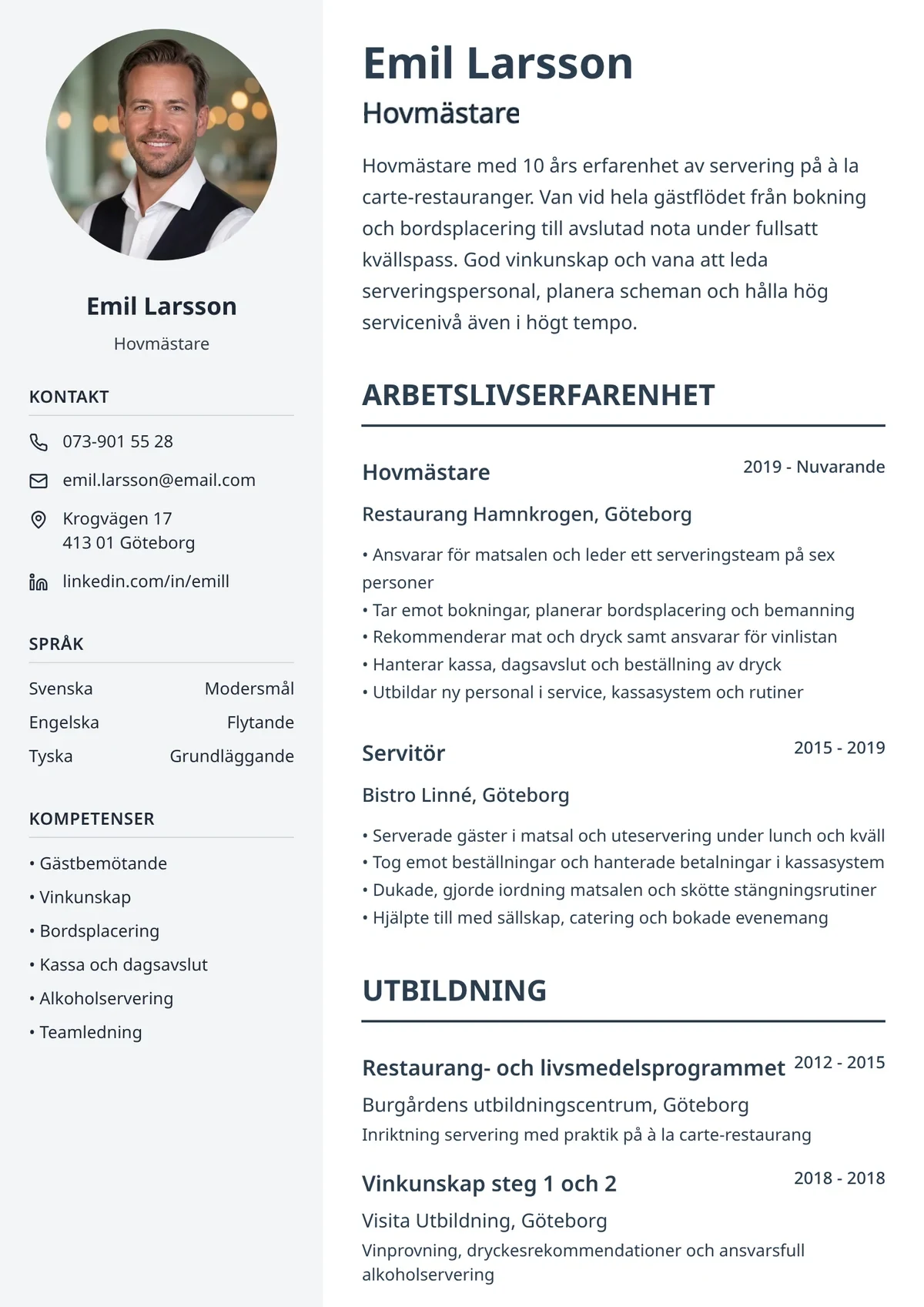 CV-exempel för restaurang med tydlig mall