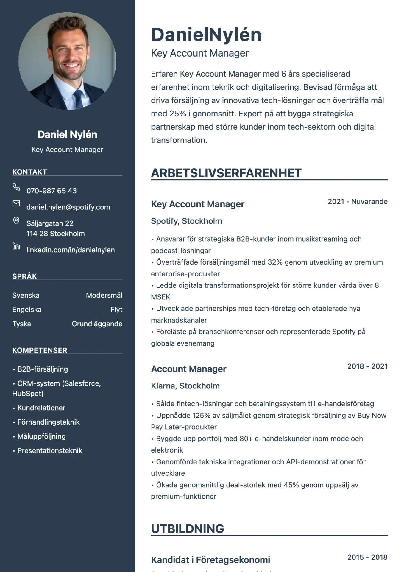 Exempel på CV för säljare med resultatinriktad layout och modern design