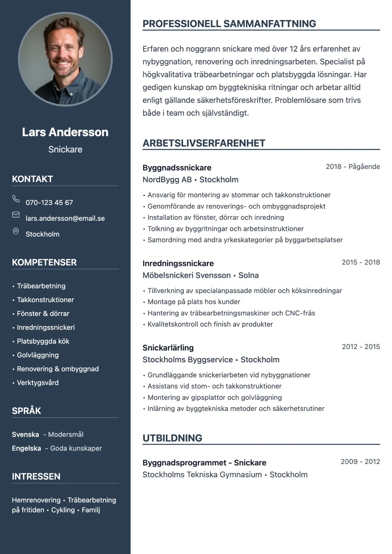 Exempel på CV för snickare med praktisk layout och hantverk i fokus