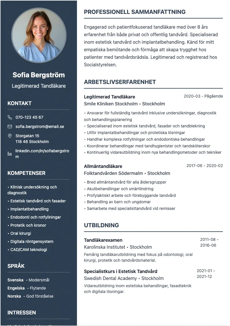 Exempel på CV för tandläkare med medicinsk design och ren struktur