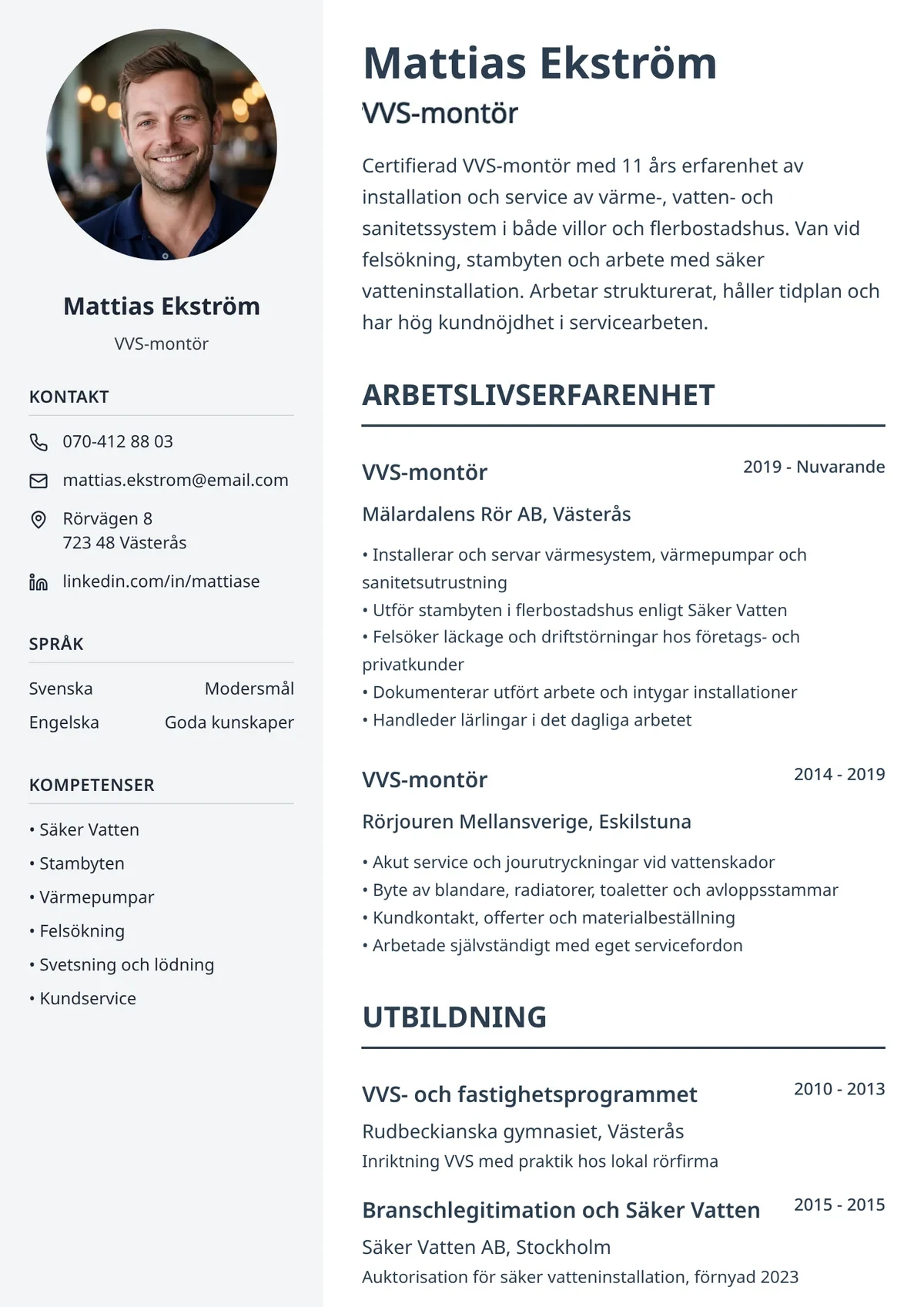 CV-exempel för VVS-montör och rörmokare med tydlig mall