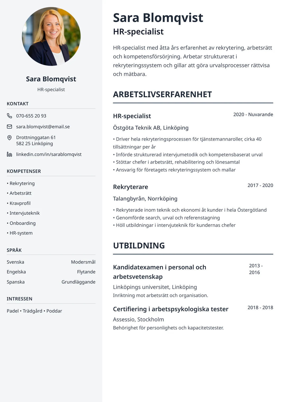 Ats vänlig cv mall, exempel på mall med raka rubriker som rekryteringssystem kan läsa
