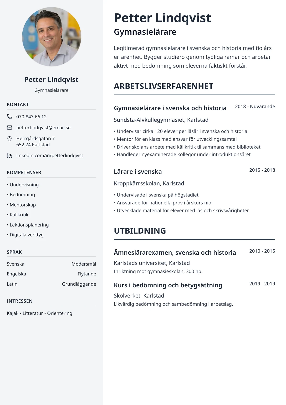Cv mall en kolumn, exempel på mall med rak läsordning uppifrån och ner