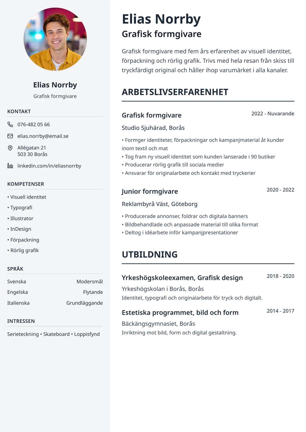 Kreativ cv mall, exempel på mall med uttryck och tydlig struktur