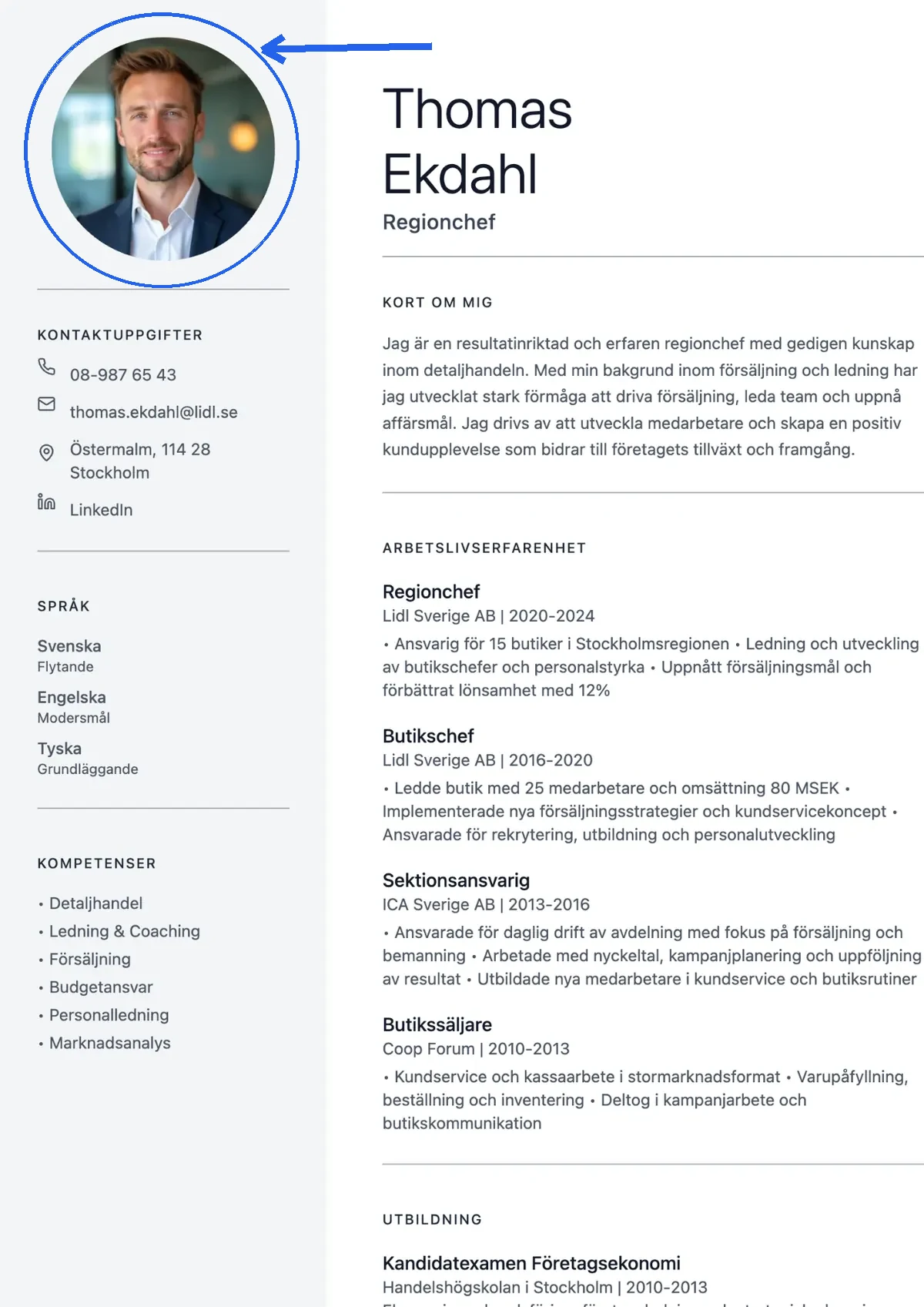 CV-mall med bild där porträttfotot är markerat med en blå ring och pil i ditt cv