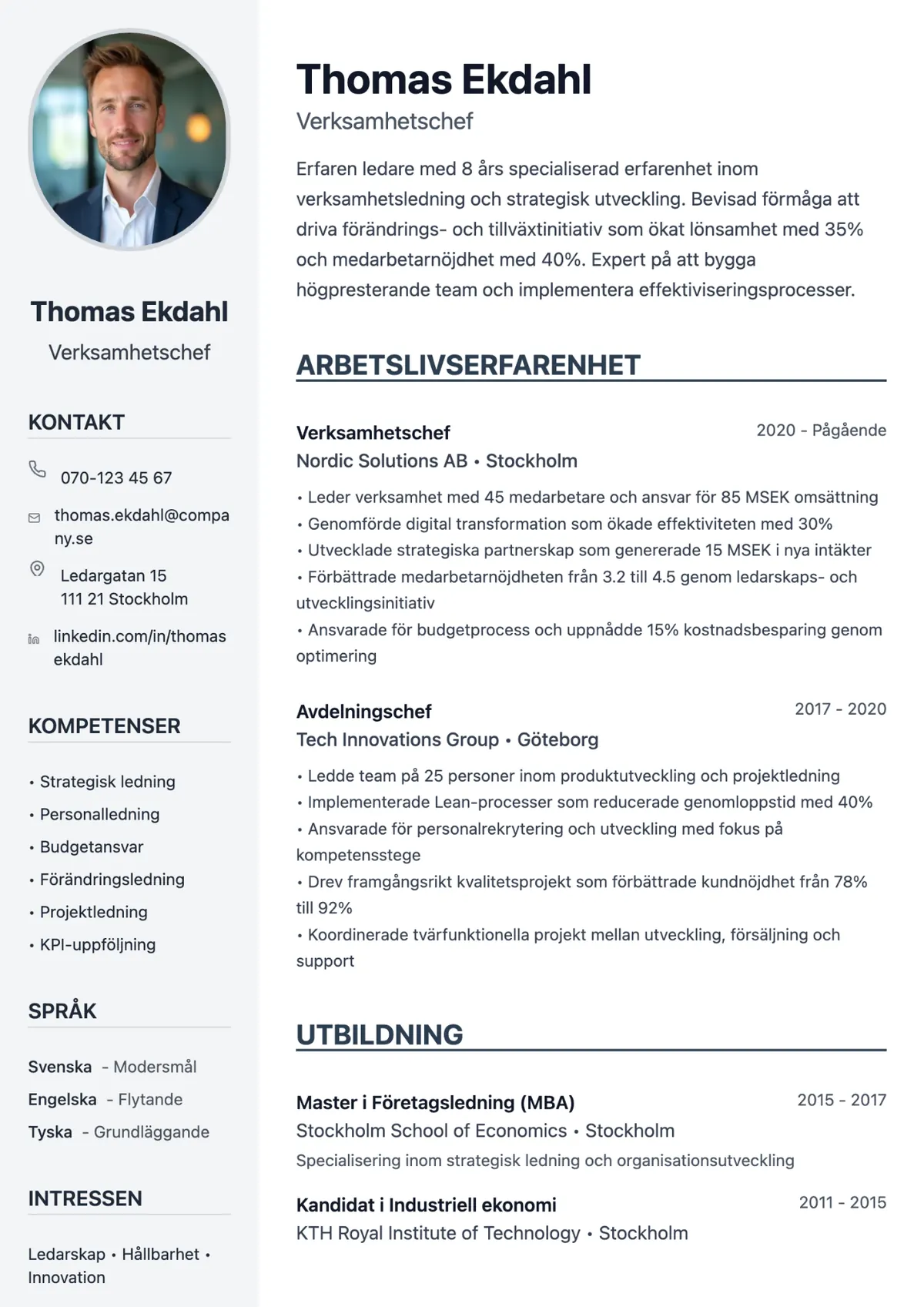 Cv-mall med foto, exempel på professionell cv-mall där porträttbild är integrerad