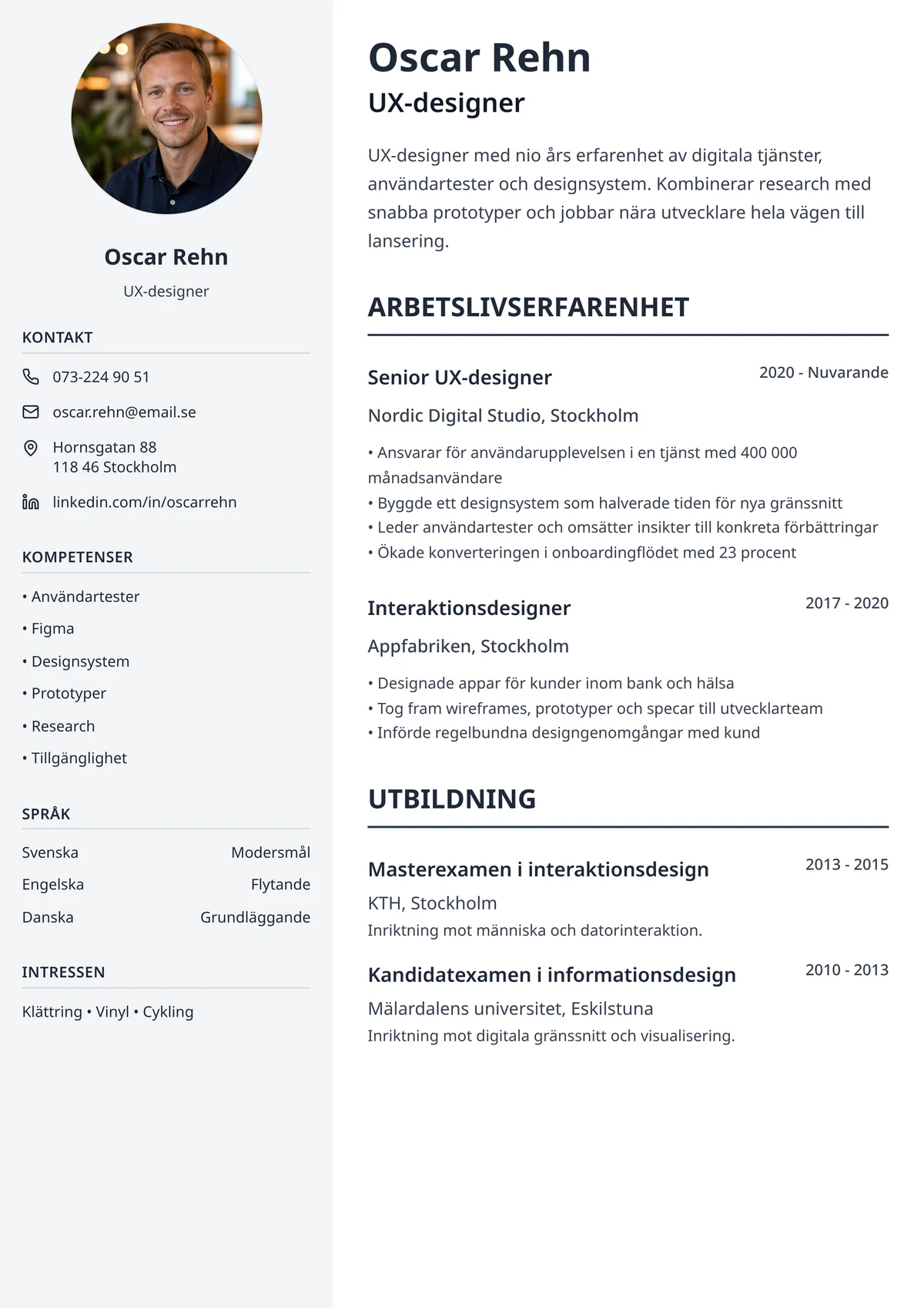 Modern och snygg cv-mall med luftig layout och tydlig typografi