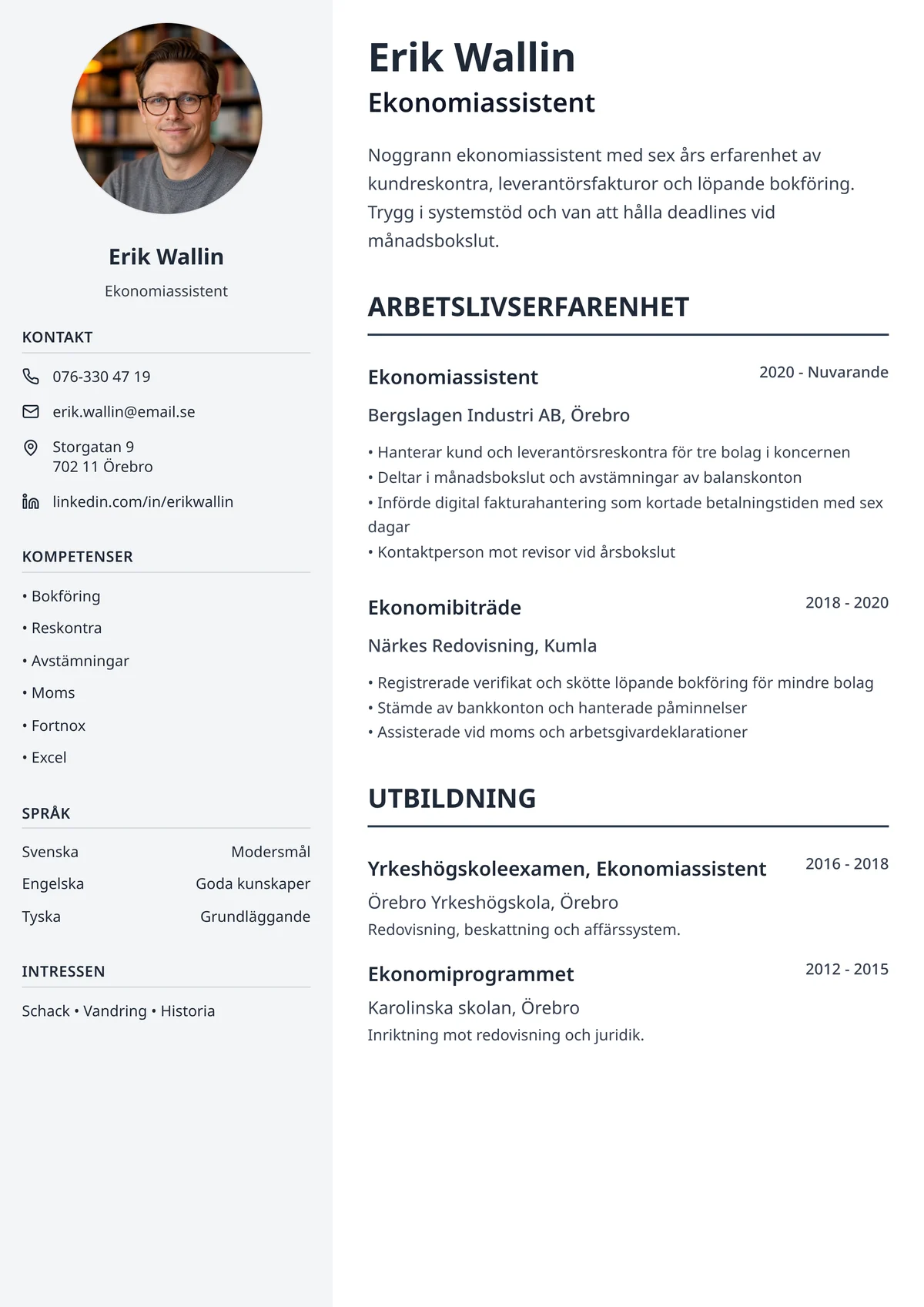 Svartvit cv mall, exempel på färdig mall i gråskala med tydlig struktur