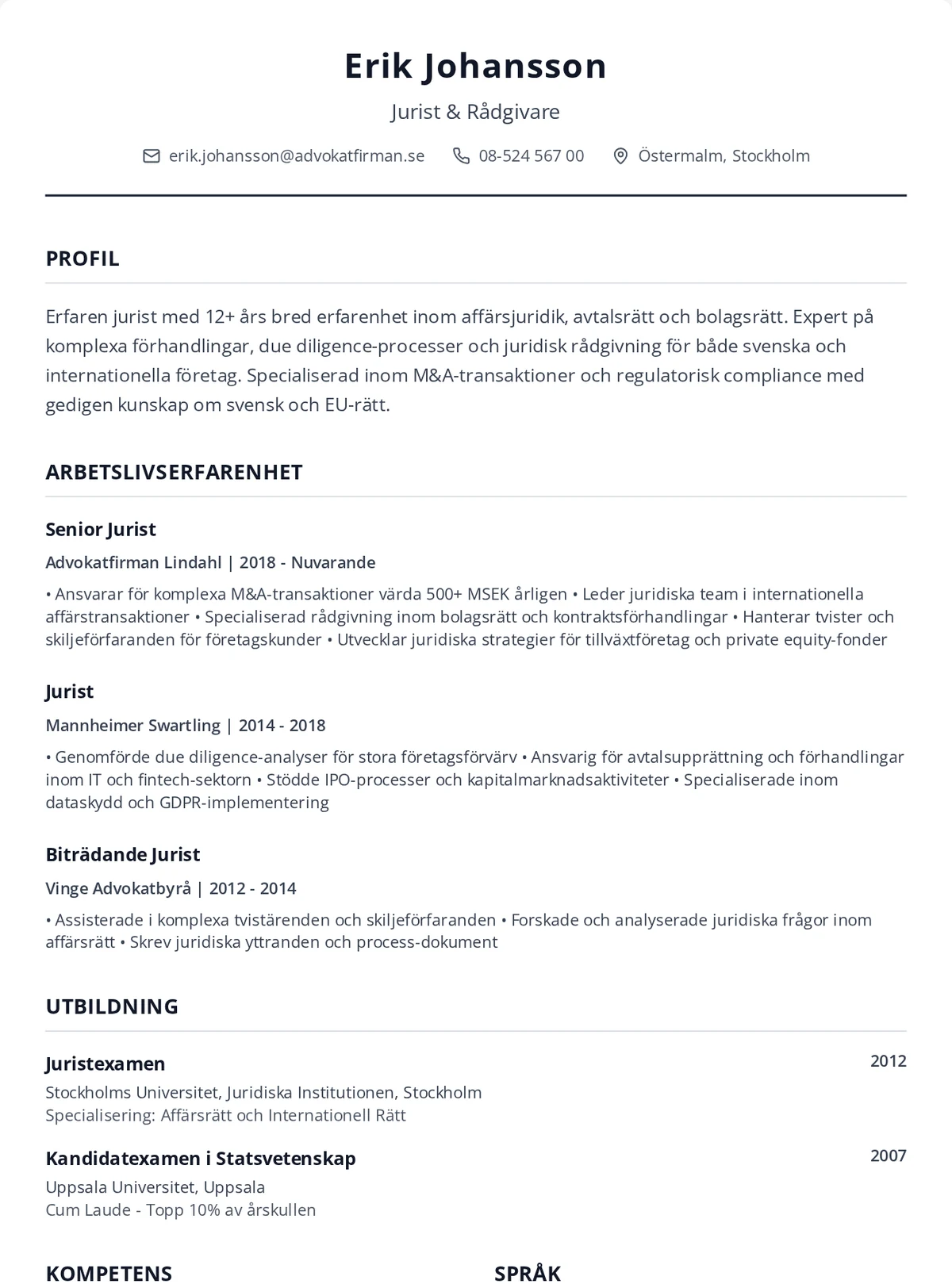 Cv-mall utan foto, exempel på professionell cv-mall där meriterna står i centrum