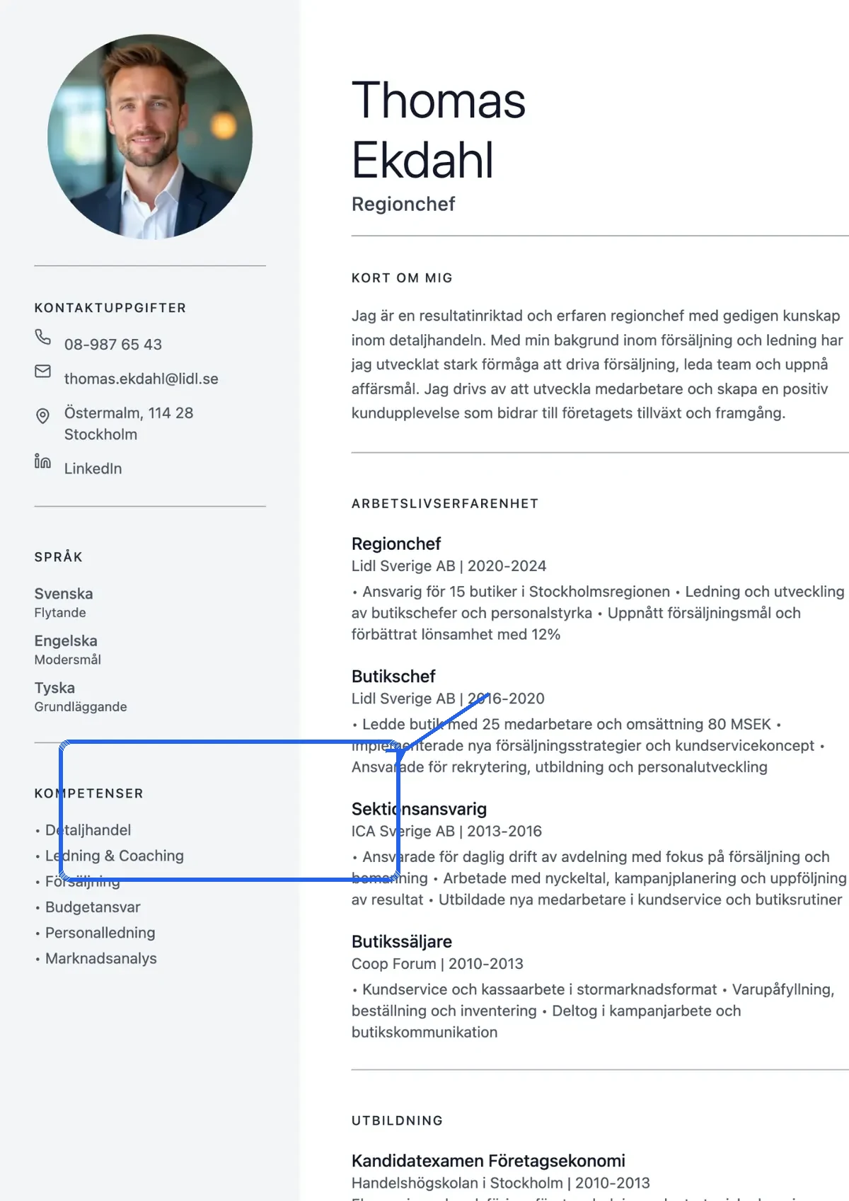 CV-exempel där färdigheterna är markerade med en blå ram och pil i ditt cv