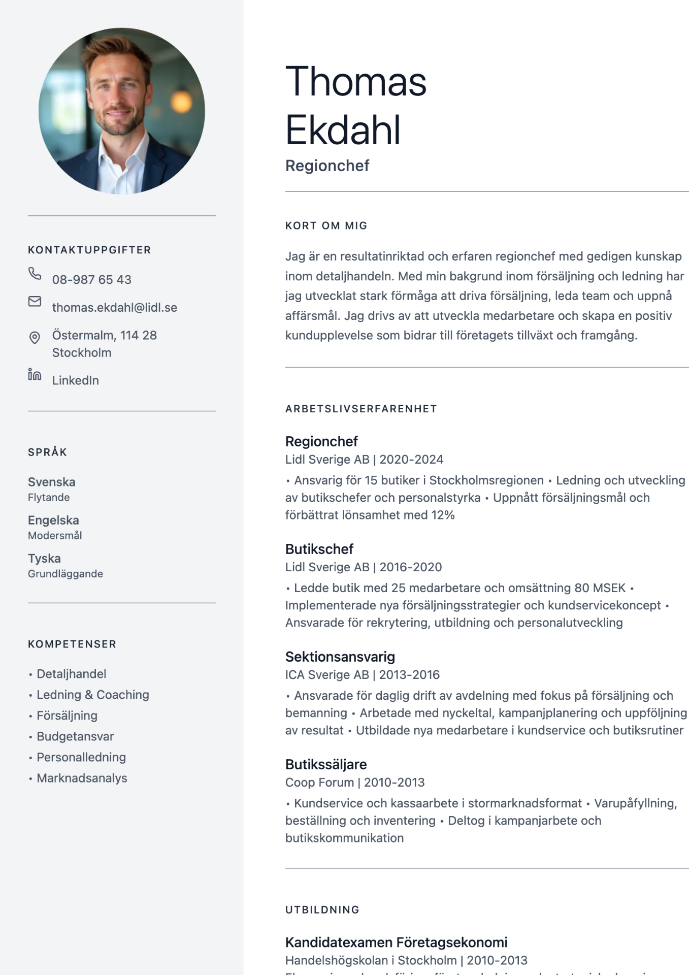 Hur ska ett CV se ut 2026 – modernt CV-exempel med tvåkolumnslayout, profilbild, kontaktuppgifter, kompetenser och arbetslivserfarenhet