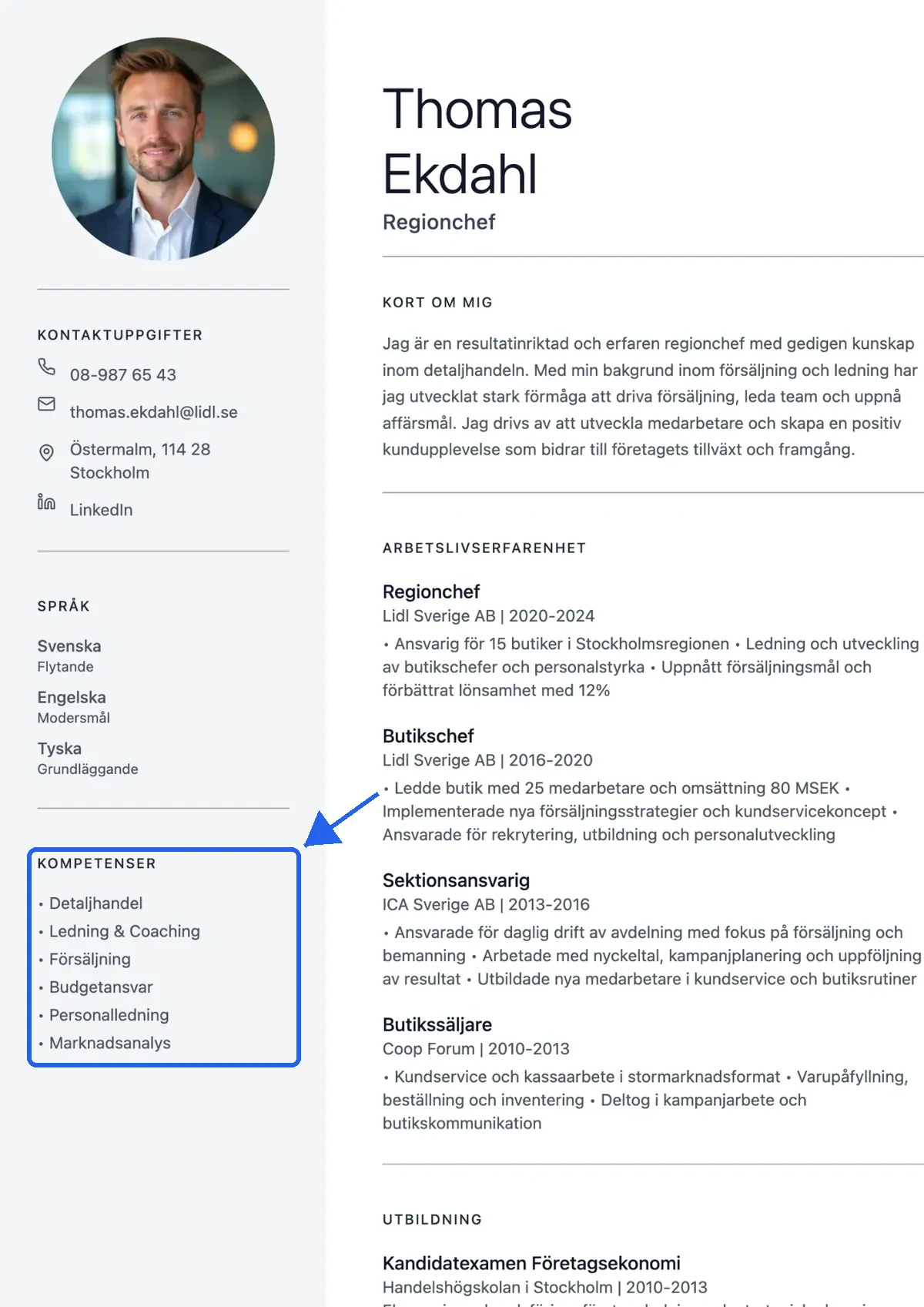 CV-exempel där kompetenssektionen är markerad i ditt cv med en blå ram och pil