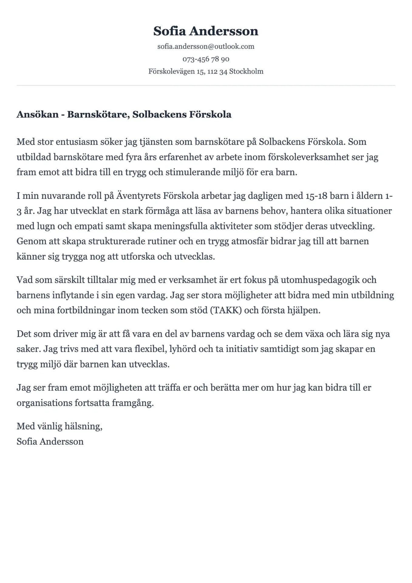 Professionellt personligt brev exempel för barnskötare med omvårdnadsfokus