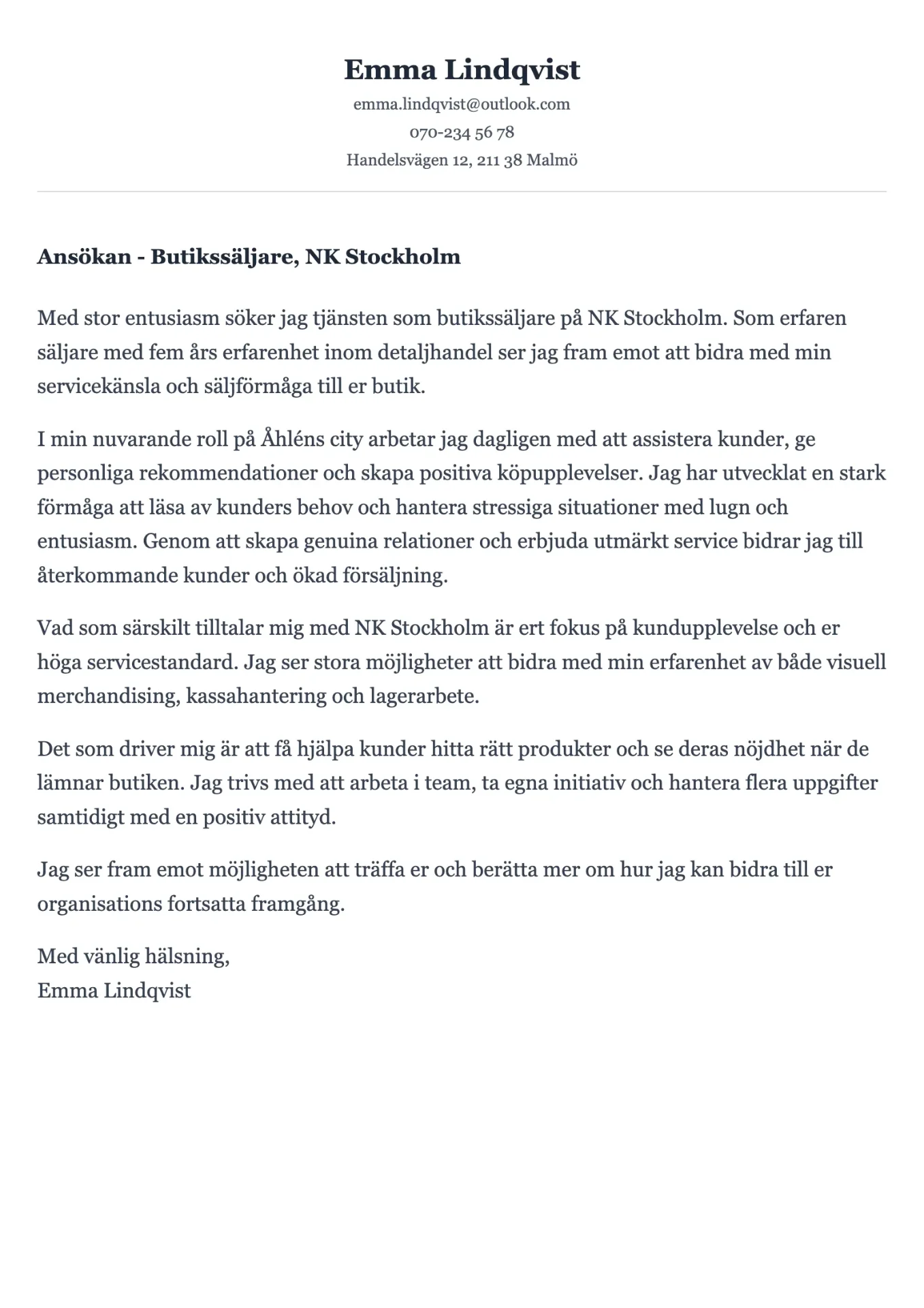 Engagerande exempel på personligt brev för butikssäljare inom retail