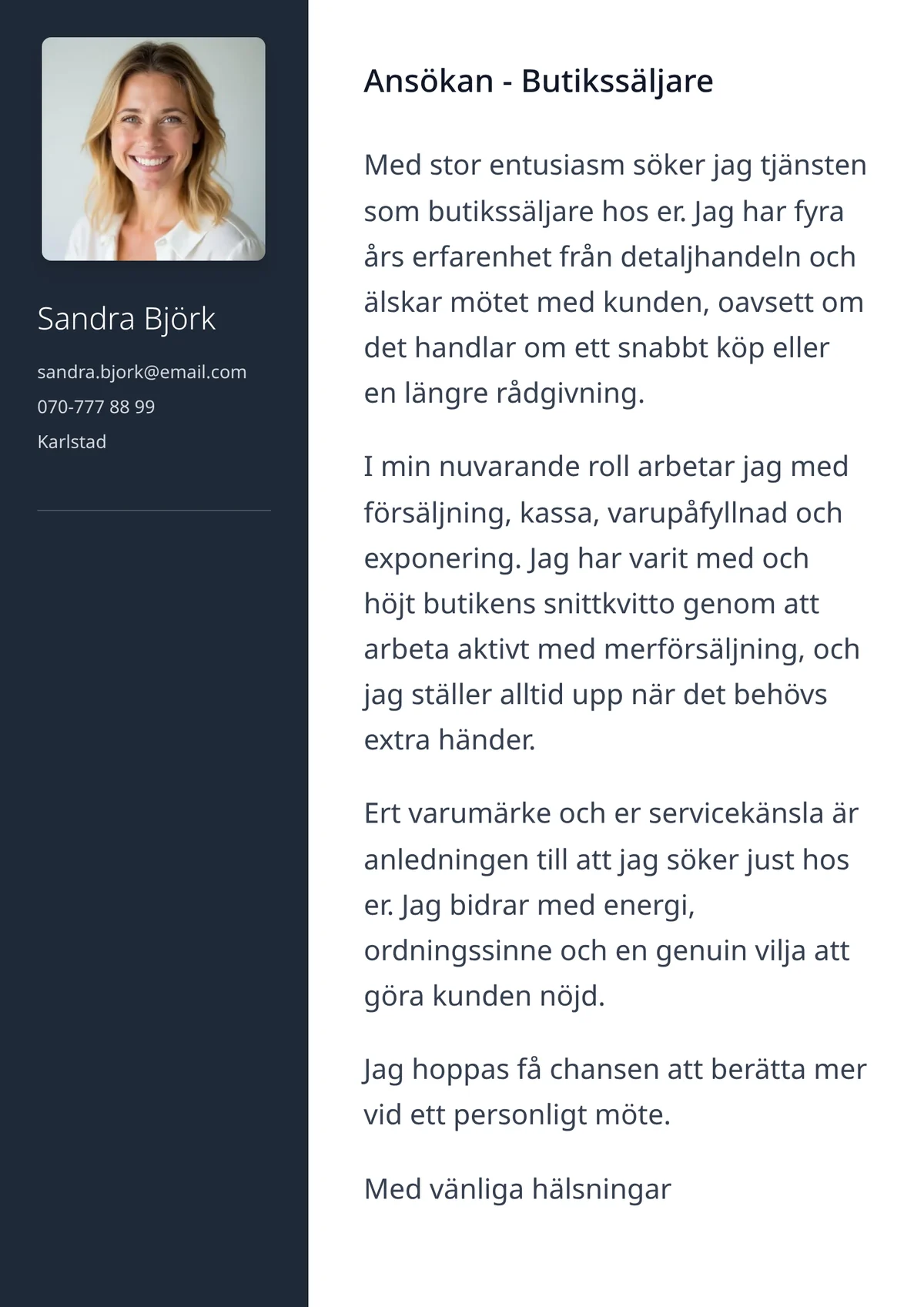 Personligt brev exempel för butikssäljare - mallen Elegant