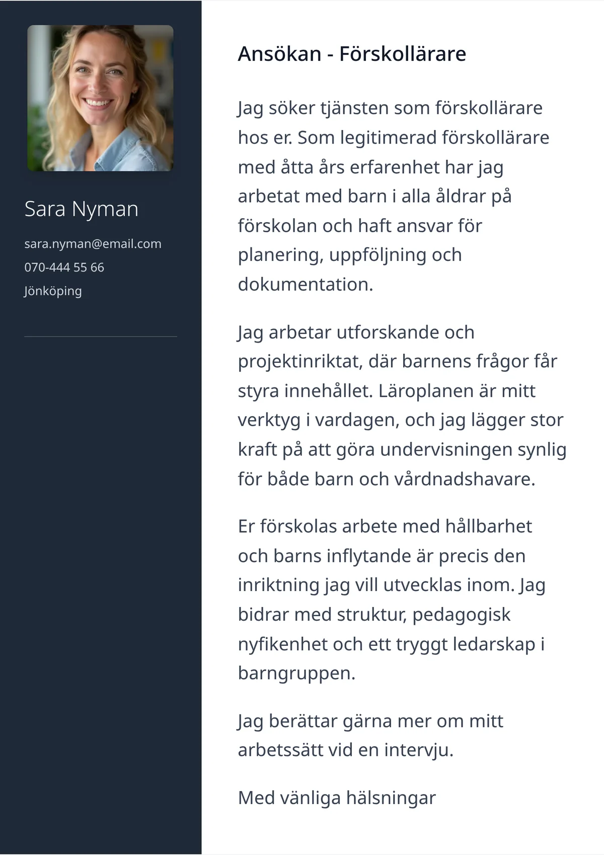Personligt brev exempel för förskollärare - mallen Elegant