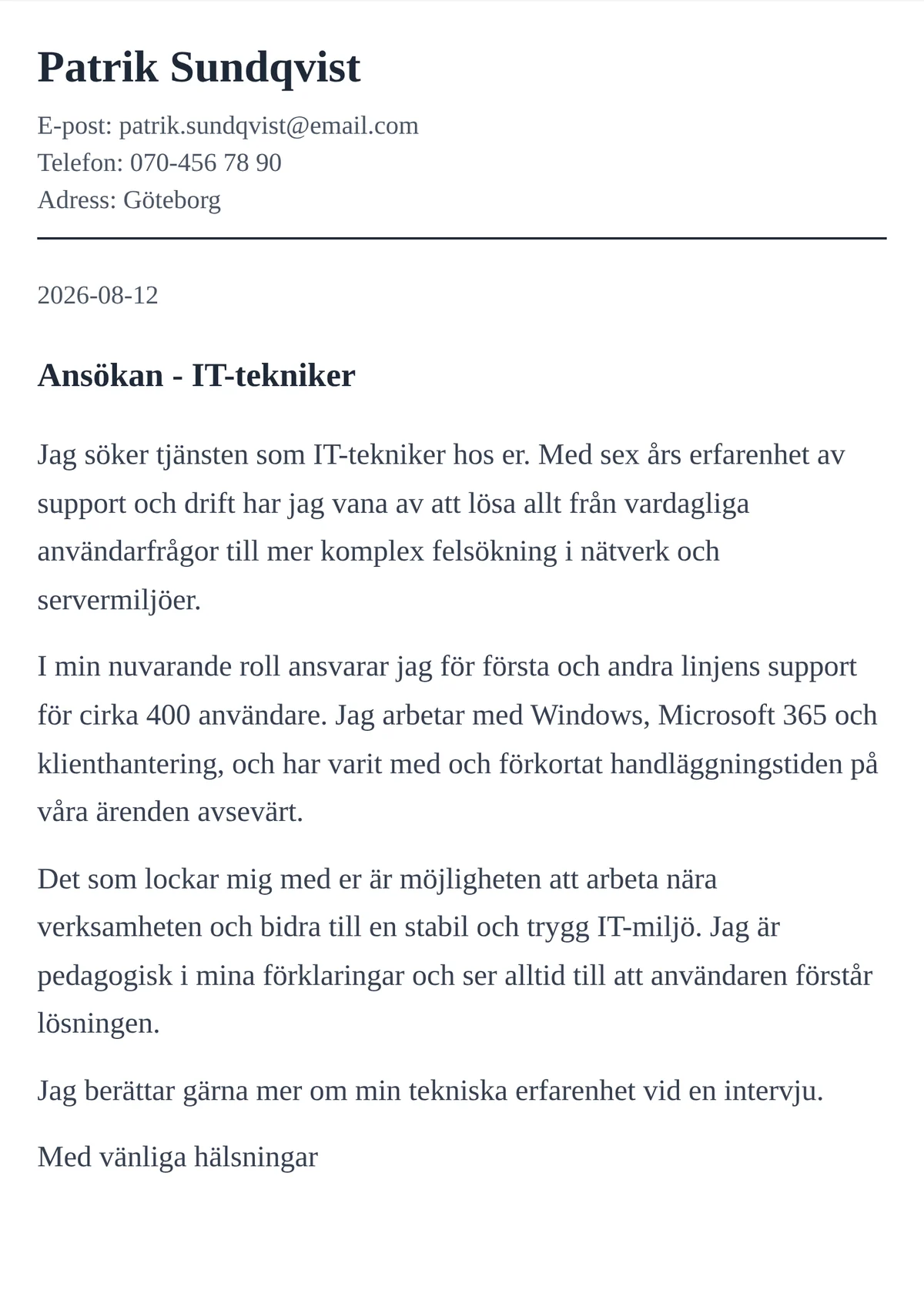 Personligt brev exempel för IT-tekniker - mallen Modern