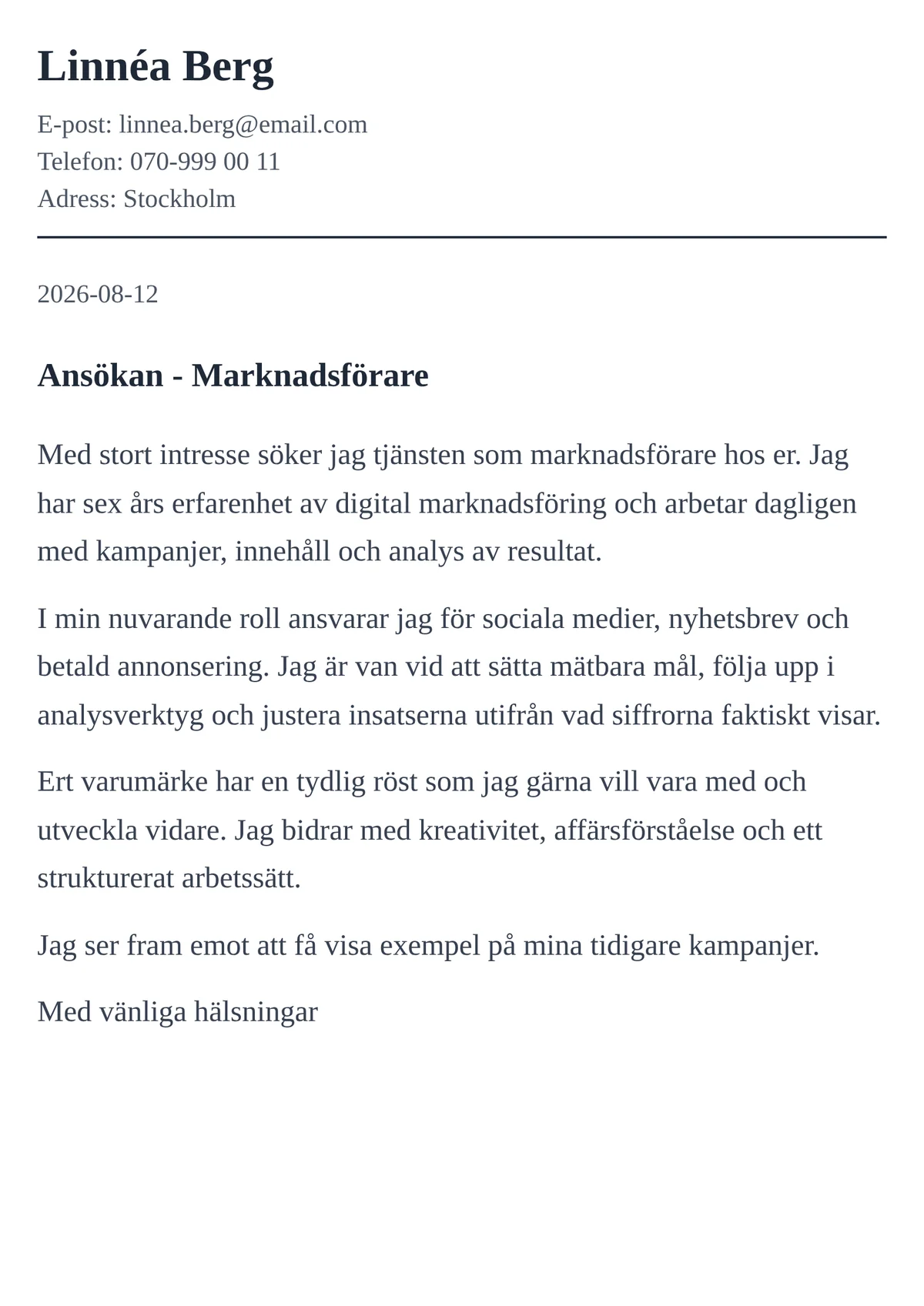 Personligt brev exempel för marknadsförare - mallen Modern