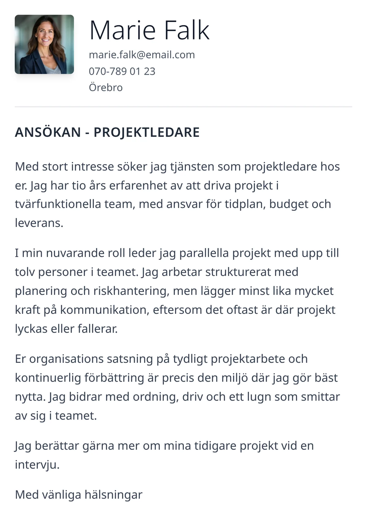 Personligt brev exempel för projektledare - mallen Professionell