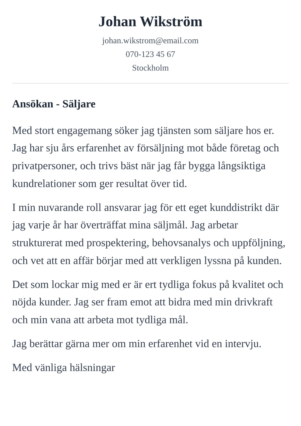 Personligt brev exempel för säljare - mallen Klassisk