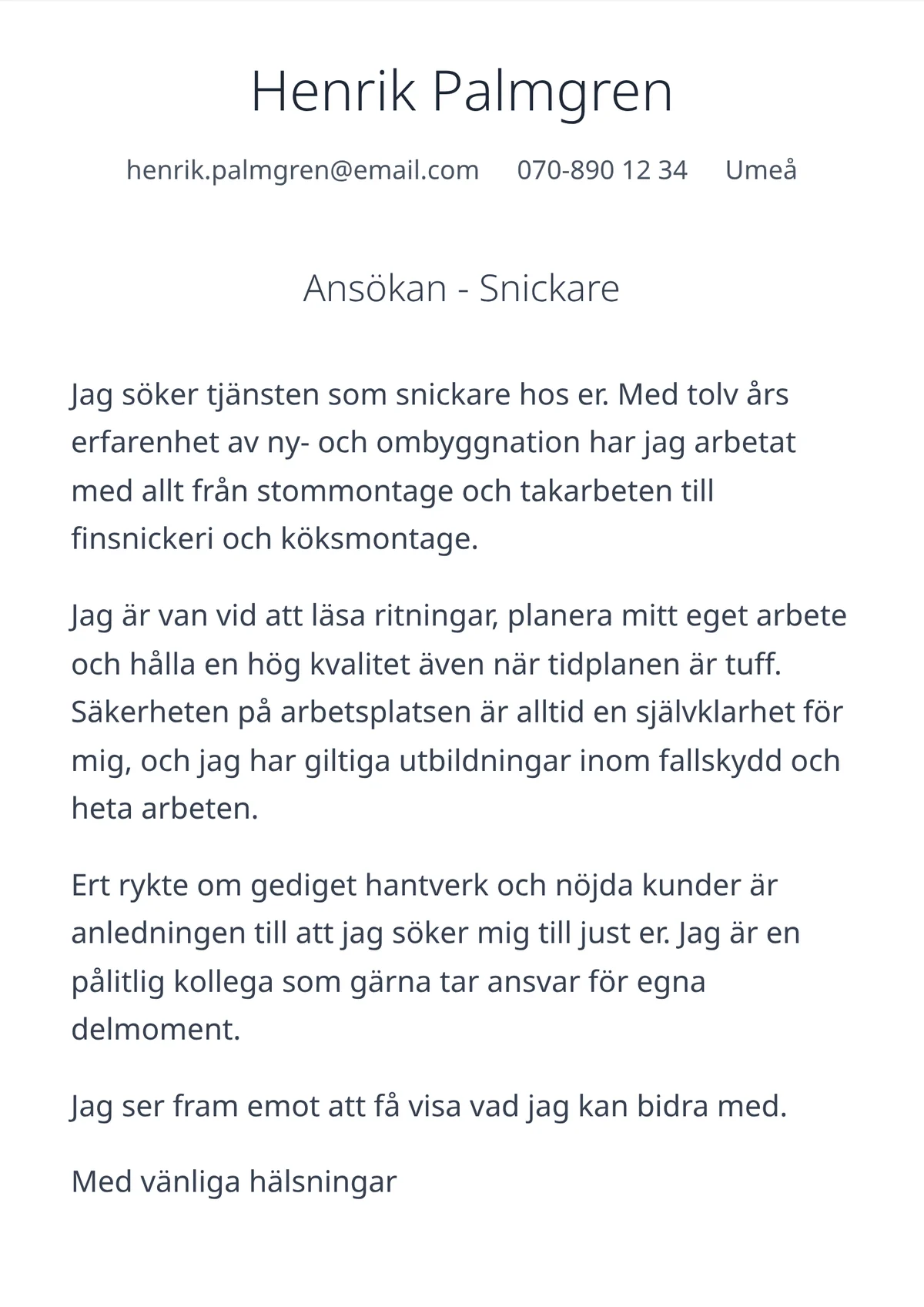Personligt brev exempel för snickare - mallen Kompakt