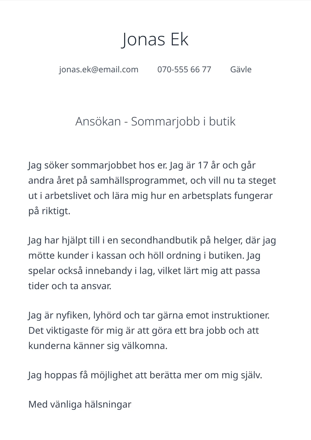 Personligt brev exempel för ungdom - mallen Kompakt