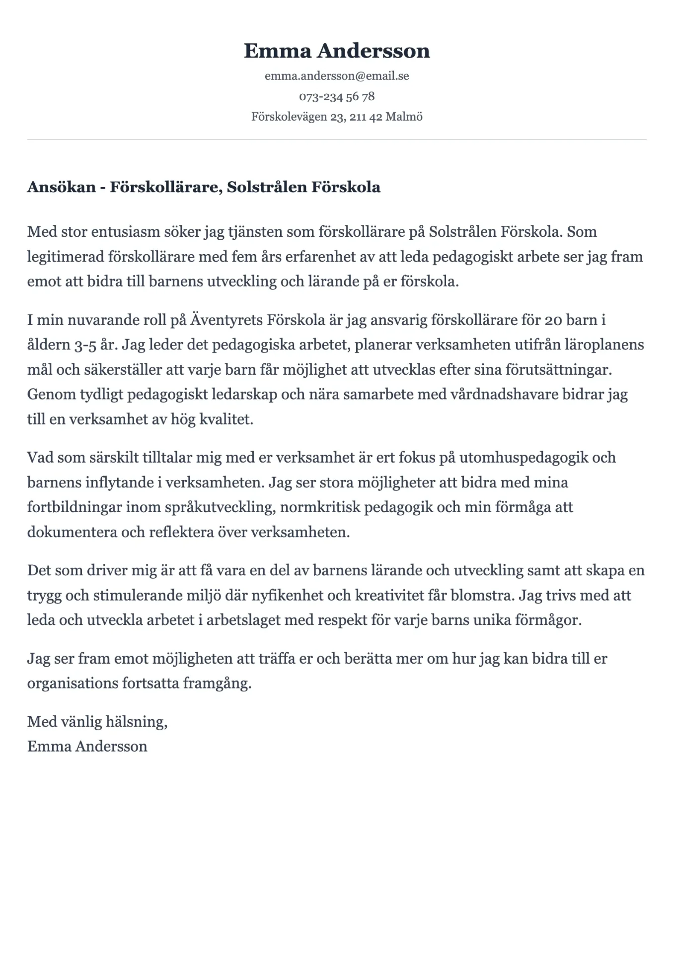 Omtänksamt personligt brev exempel för förskollärare med pedagogisk grund