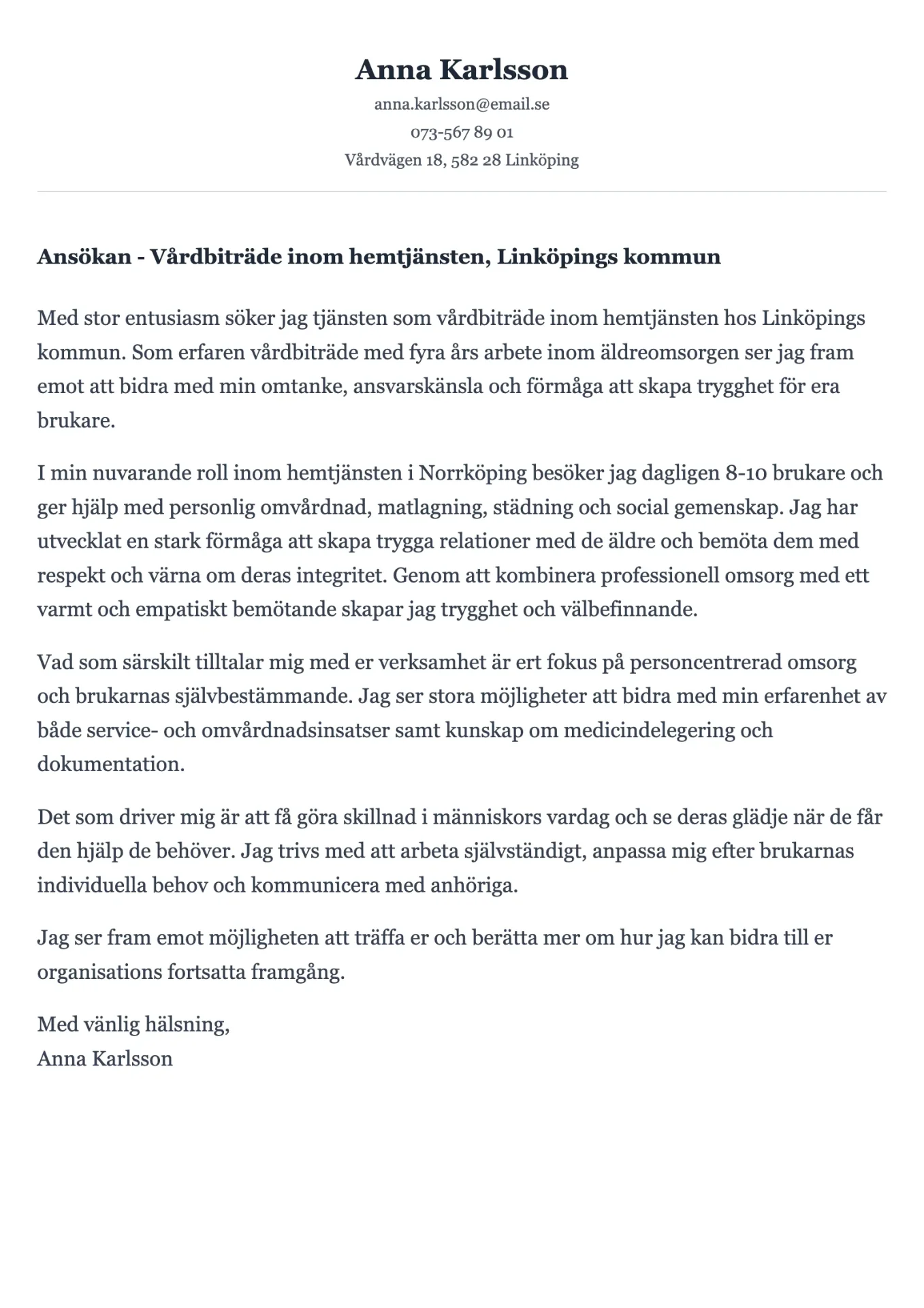 Empatiskt personligt brev exempel för hemtjänst med omsorgsperspektiv