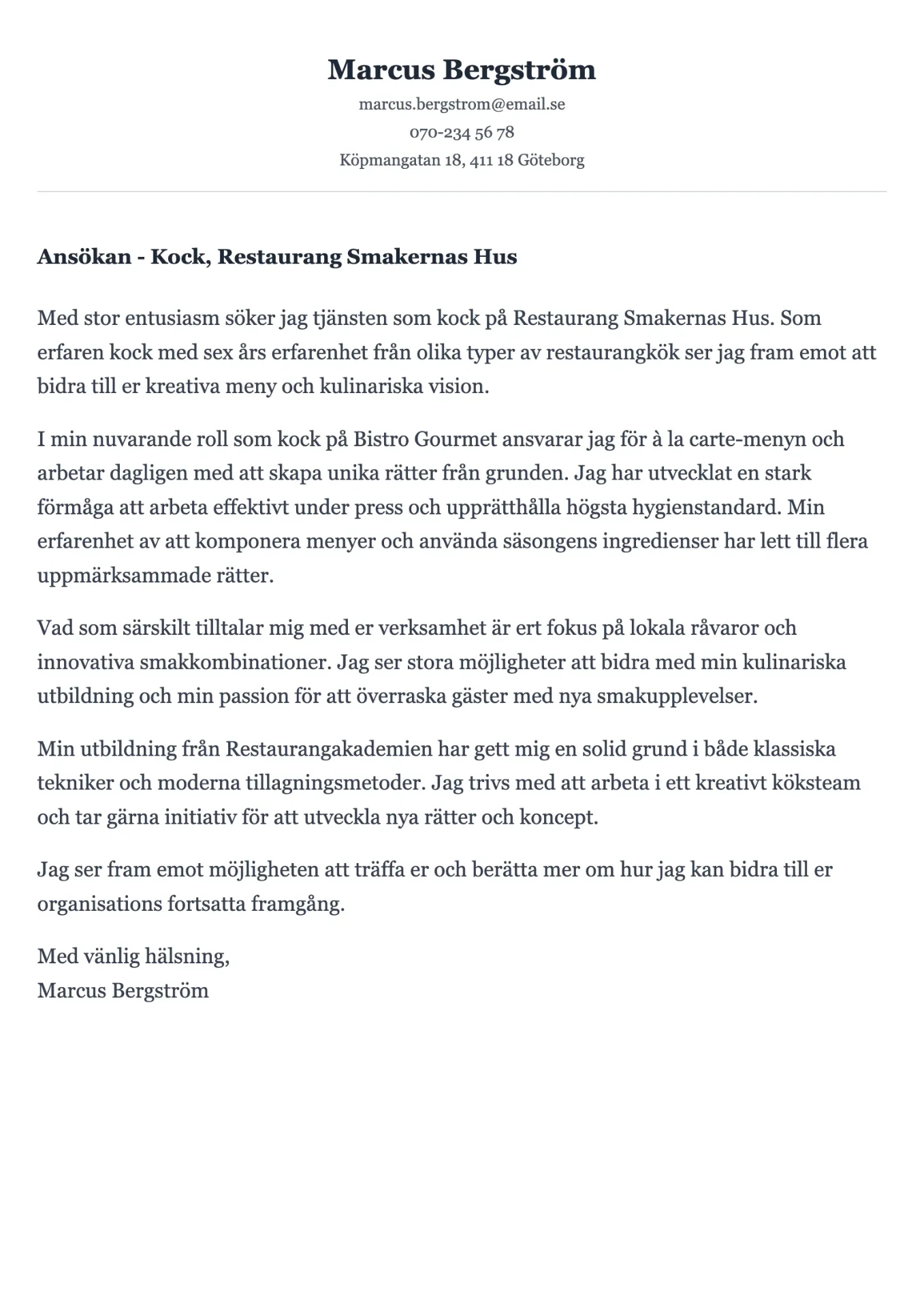 Passionerat personligt brev exempel för kock inom restaurangbranschen