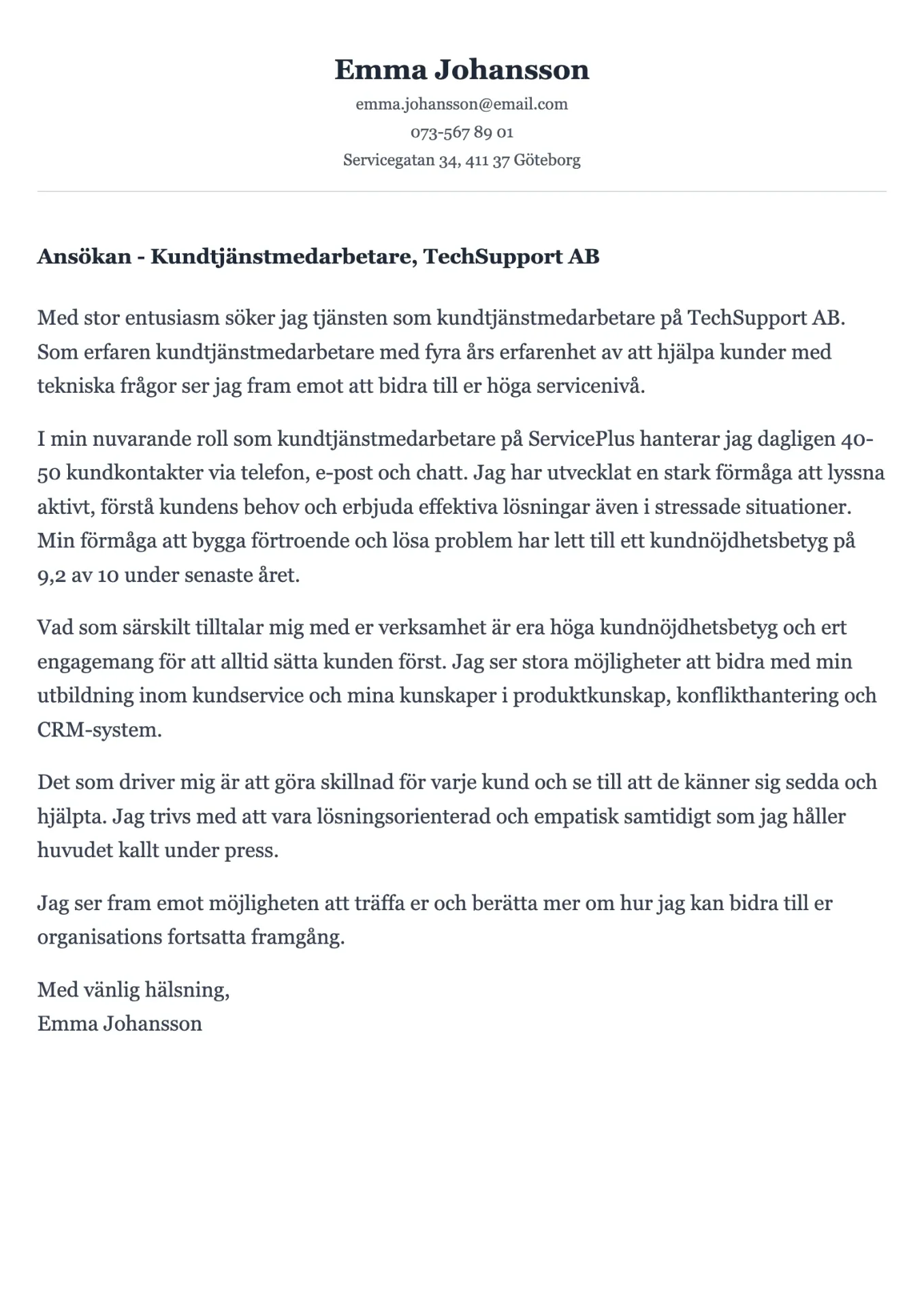 Serviceinriktat personligt brev exempel för kundtjänst med kommunikationsfokus