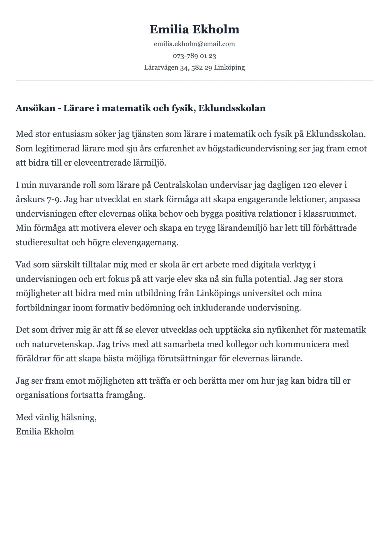 Välformulerat exempel på personligt brev för lärare inom gymnasieskolan