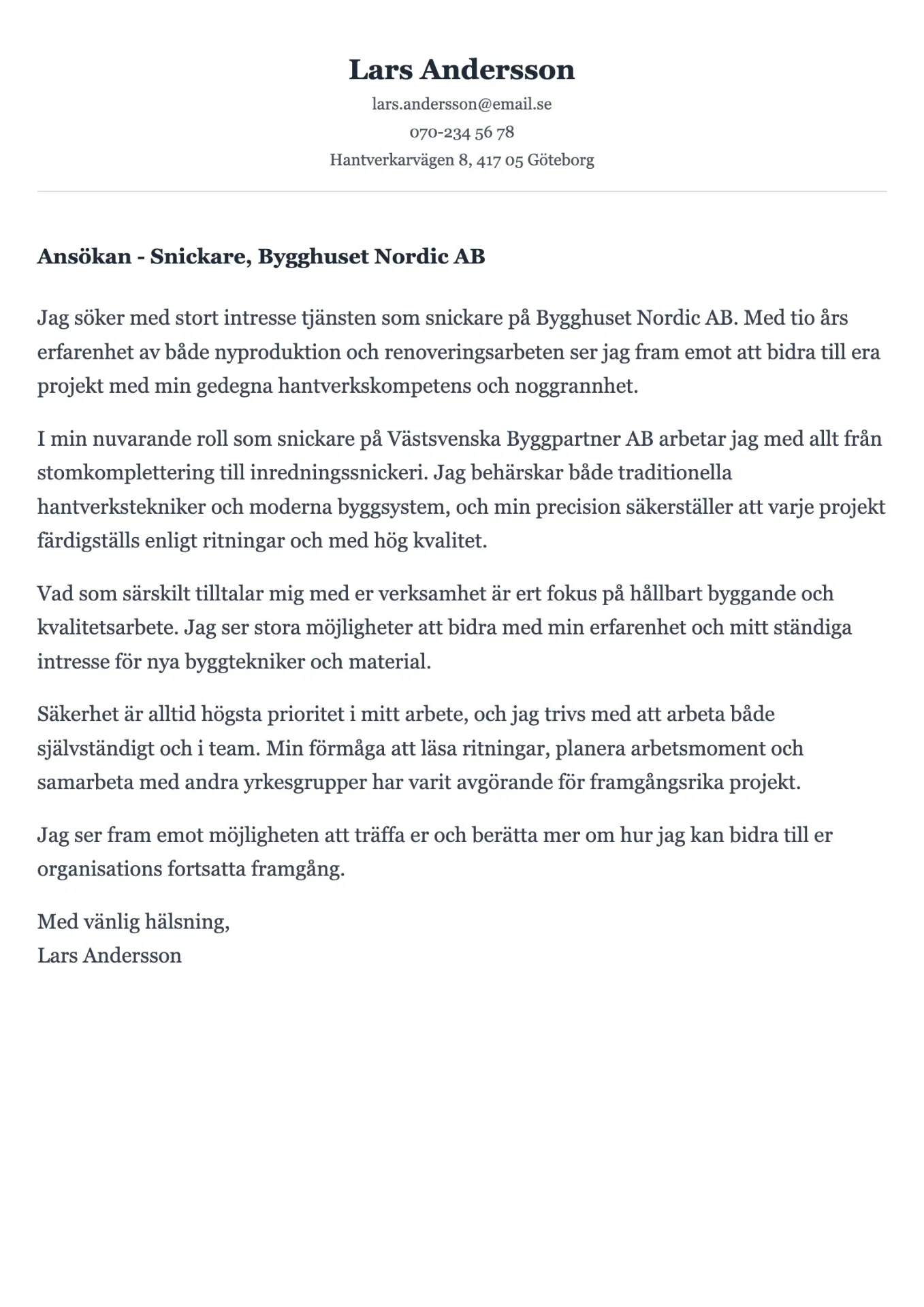Hantverksmässigt exempel på personligt brev för snickare med erfarenhet