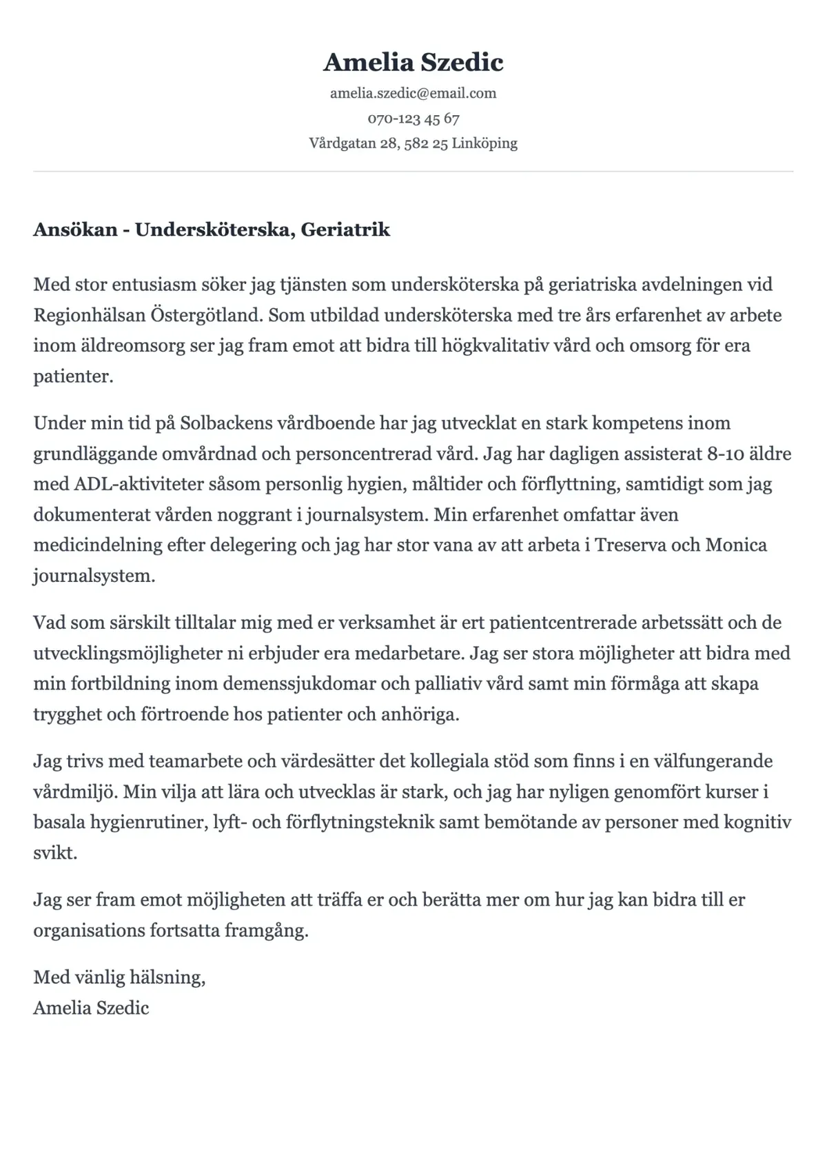 Personligt brev exempel för undersköterska med fokus på omvårdnad och patientnära arbete