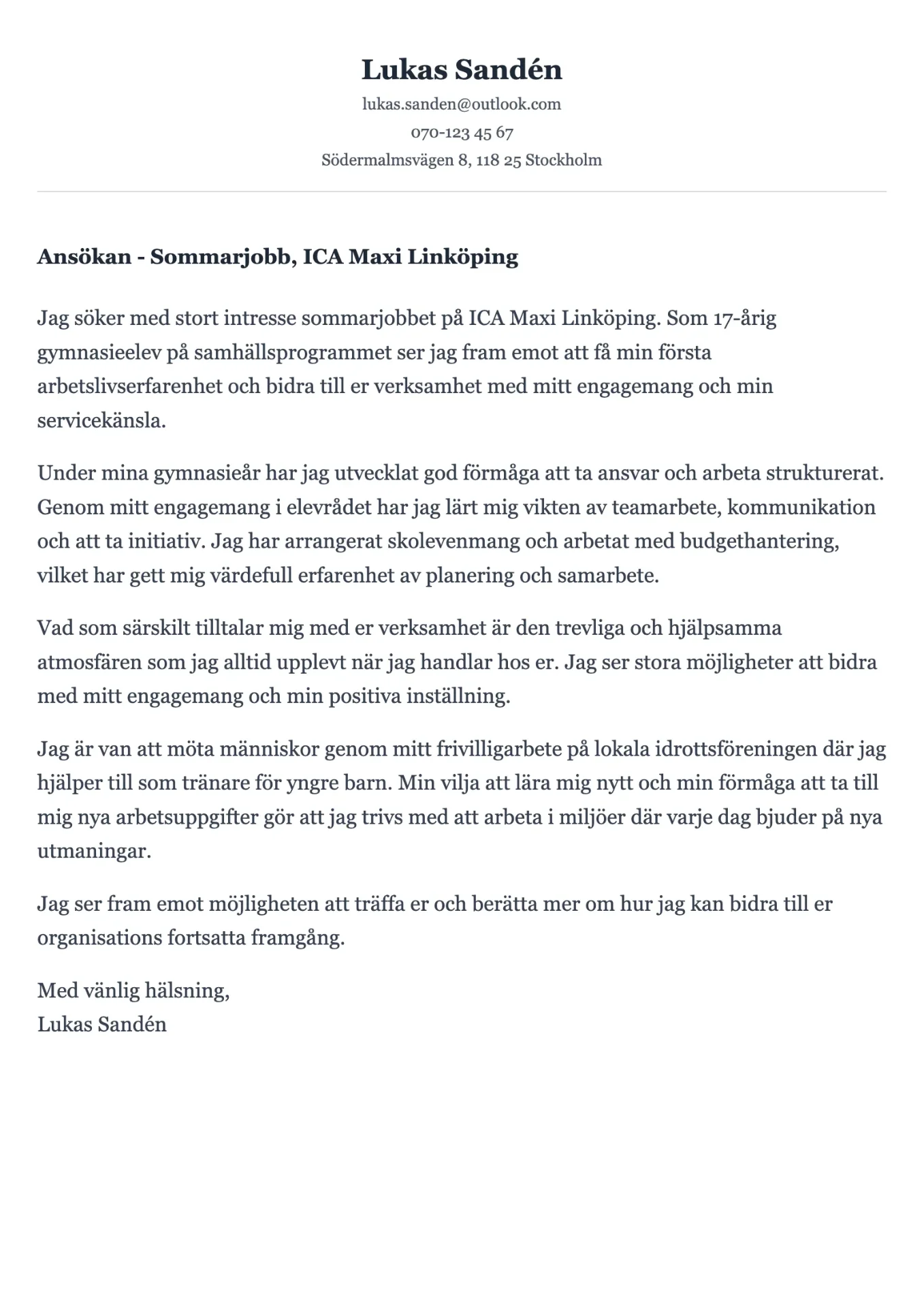 Entusiastiskt personligt brev exempel för ungdom som söker första jobbet