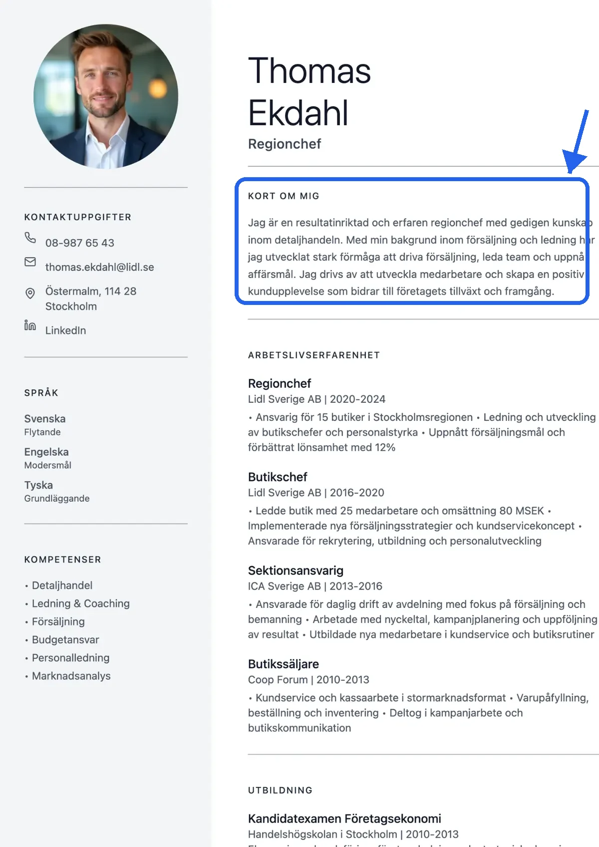 CV-exempel där sammanfattningen är markerad överst i ditt cv med en blå ram och pil