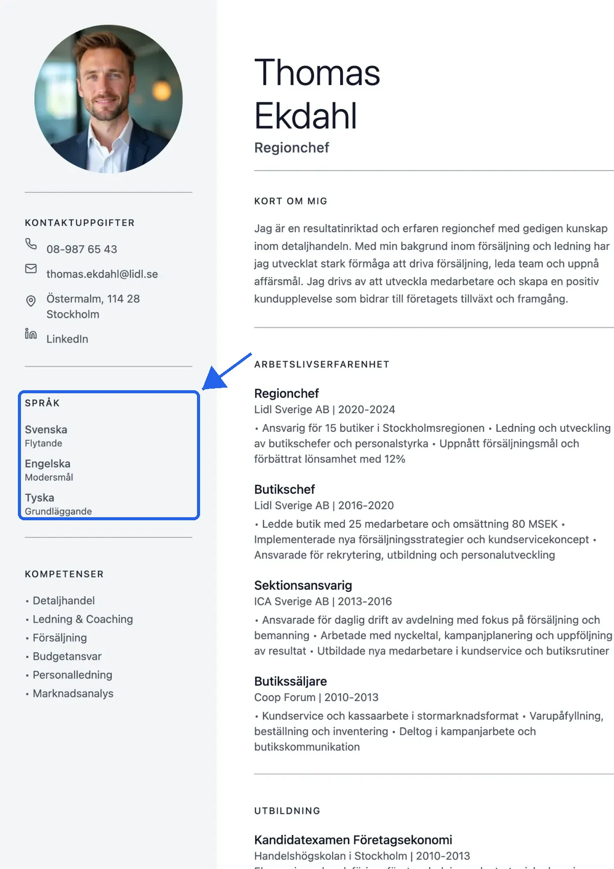 CV-exempel där språksektionen är markerad i ditt cv med en blå ram och pil